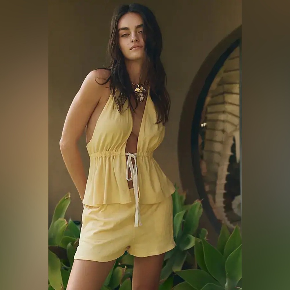 Free People Allegra Banana Yellow Halter Tie Front Flowy Top, Medium - Picture 3 of 13